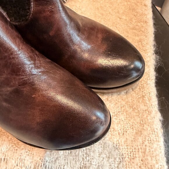 BED STU Bruges Teak Rustic Brown Leather Bootie Boots Slouch Wooden Wedge Sz 8.5 - Picture 5 of 16